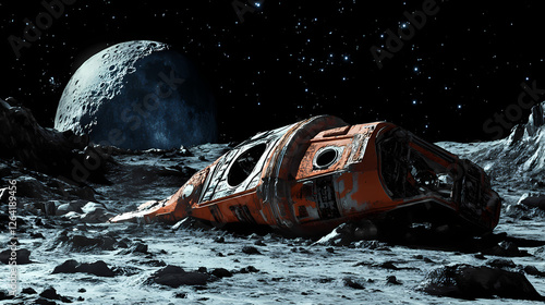 Fototapeta Naklejka Na Ścianę i Meble -  Cosmic wreckage: a crashed spaceship on the lunar surface. Cosmic Shipwrecks. Illustration