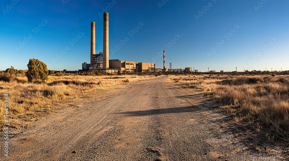 Abandoned power plant in arid landscape, dirt road leading to it, clear blue sky; ideal for environmental or industrial reports Abandoned power plant in arid landscape, dirt road leading to it, clear blue sky; ideal for environmental or industrial reports