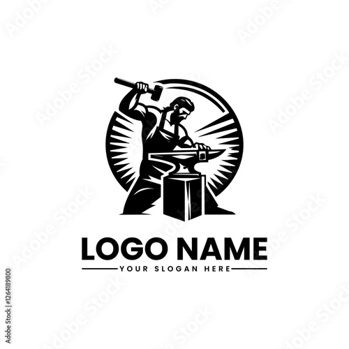 Schilderij op canvas Skilled Blacksmith in Action Tenacious Craftsman Vector Logo Artisan Metalwork I