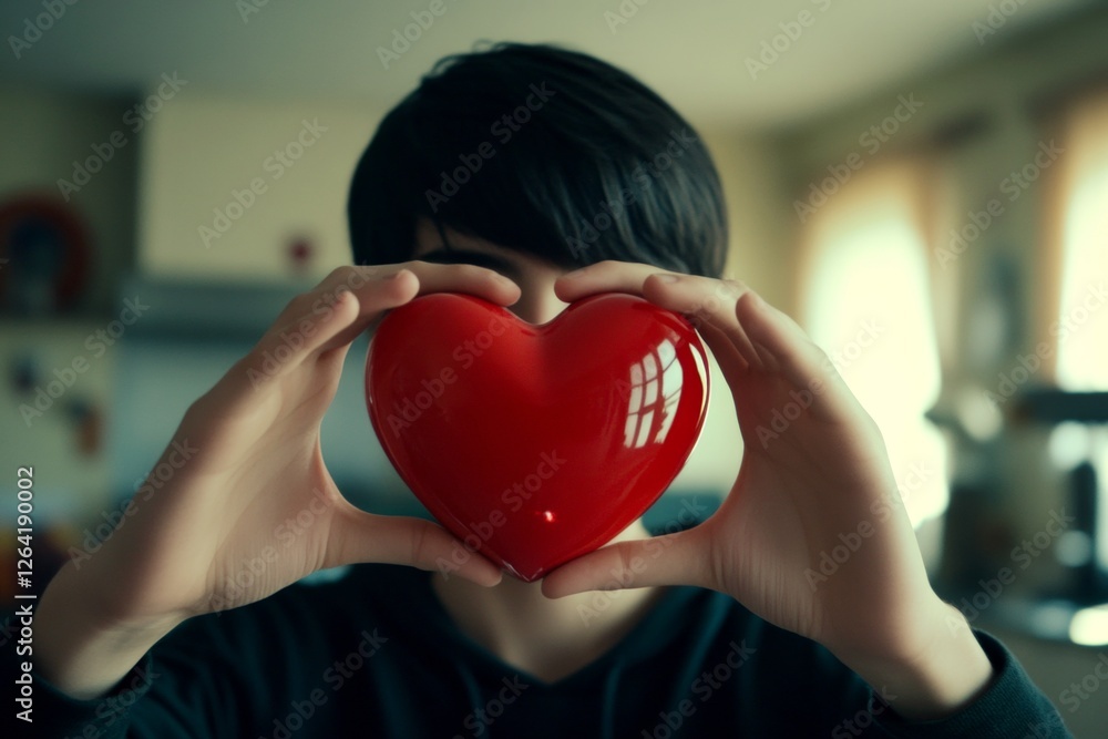 Commercial promotion idea. Sign of love and affection. Youth valentine's day greeting card: juvenile boy with elated face holds red heart in hands. Emotional valentine's day mood board. Commercial promotion idea. Sign of love and affection. Youth valentine's day greeting card: juvenile boy with elated face holds red heart in hands. Emotional valentine's day mood board.