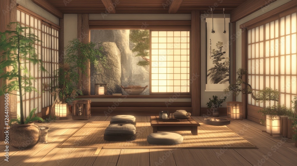 Fototapeta premium Tranquil japanese room bathed in soft natural light showcasing simplicity