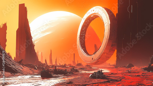 Fototapeta Naklejka Na Ścianę i Meble -  Planet backdrop highlighting futuristic ring shaped space station design image. Cosmic Shipwrecks. Illustration