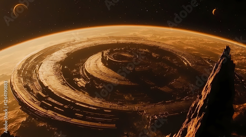 Fototapeta Naklejka Na Ścianę i Meble -  Planet backdrop highlighting futuristic ring shaped space station design image. Cosmic Shipwrecks. Illustration