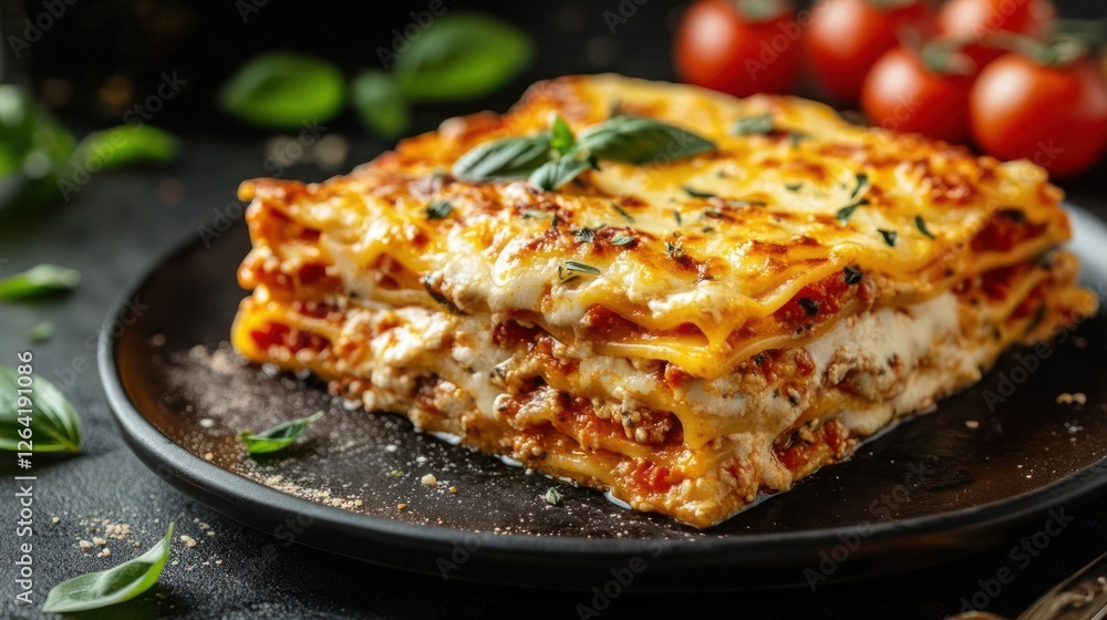 A slice of lasagna on a black plate. A slice of lasagna on a black plate.