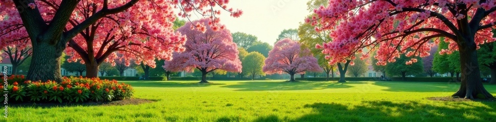 Serene park landscape featuring ornamental trees in full bloom with vibrant flowers and soft grass, greenery, leaves Serene park landscape featuring ornamental trees in full bloom with vibrant flowers and soft grass, greenery, leaves