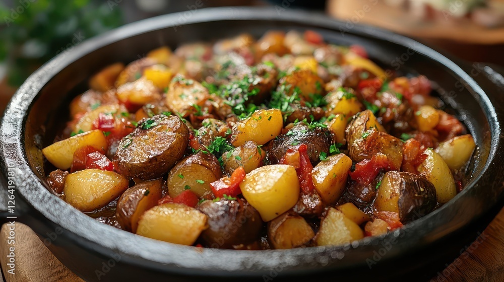 A pan of saut?ed potatoes and mushrooms with herbs A pan of saut?ed potatoes and mushrooms with herbs