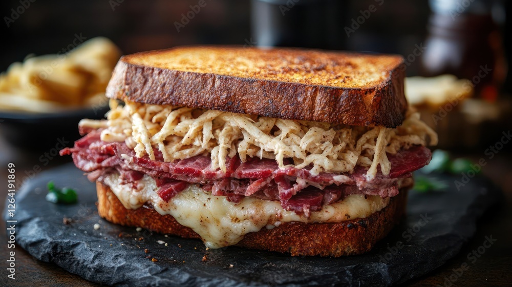 Close-up view of a classic reuben sandwich Close-up view of a classic reuben sandwich