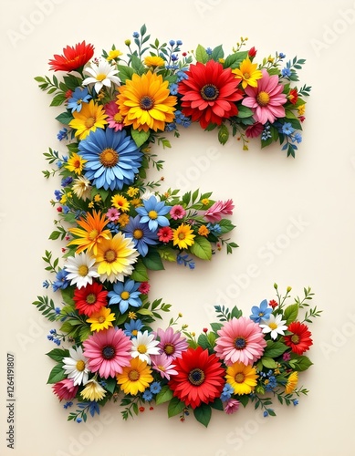 letter, E, floral, flowers, vibrant, colorful, artistic, elegant, design, organic, natural, red, yellow, pink, blue, white, blooms, green, leaves, accents, beige, background, soft, texture, warm, 