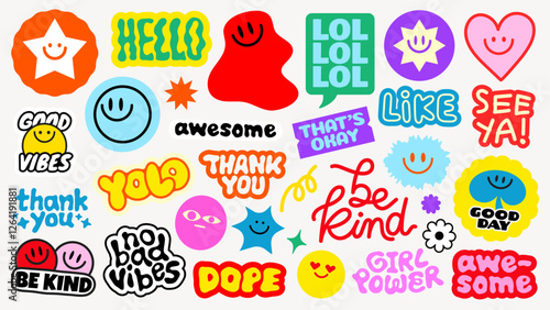 Colorful stickers with positive messages like 'Be Kind', 'Good Vibes', 'Awesome', and 'Girl Power' Bright, cheerful designs with smiley faces and playful fonts Funky stickers, vector set