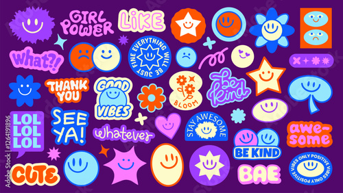 Colorful stickers with smiley faces, stars, and phrases like 'be kind,' 'good vibes,' and 'girl power' Fun, positive, and playful designs on a purple background Funky stickers, vector set