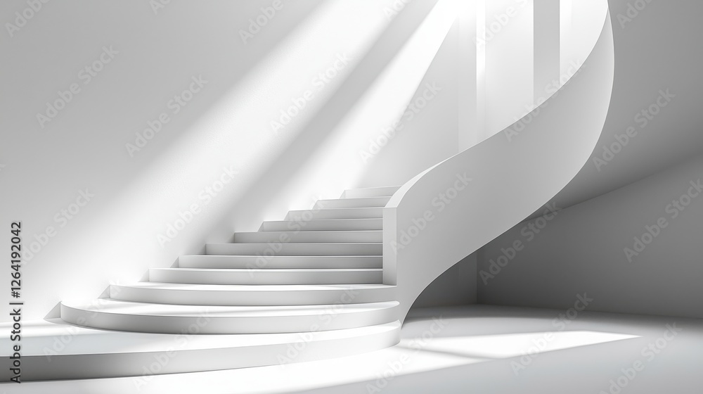 Obraz premium Elegant Minimalist White Studio Background Featuring Curved Staircase with Dramatic Lighting for Photography