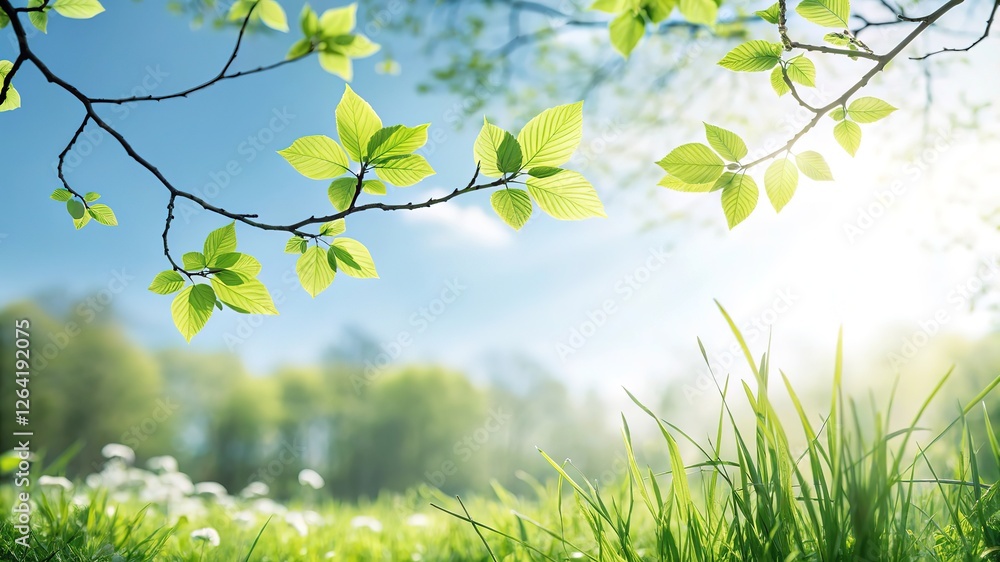 Lush green grass and fresh spring leaves against a bright blue sky, evoking nature, growth, and new beginnings Lush green grass and fresh spring leaves against a bright blue sky, evoking nature, growth, and new beginnings