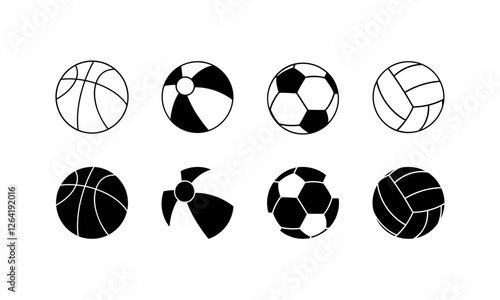 Set of vector outline balls of basketball football, volleyball, water ball. Black and white sport balls lined and filled