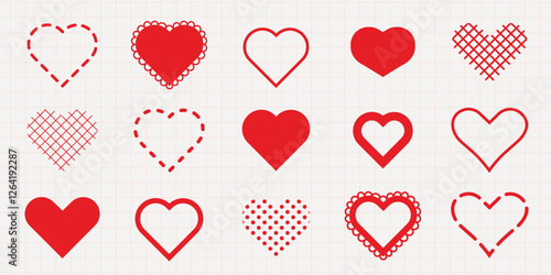 Various red heart designs in different styles and patterns, including dotted, lined, and scalloped hearts. Heart shapes repeated in multiple styles. Valentine's Day elements, vector set.