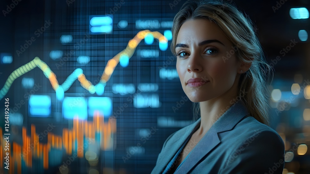 Confident Businesswoman Overseeing Futuristic Financial Charts and Graphs in Professional Setting Confident Businesswoman Overseeing Futuristic Financial Charts and Graphs in Professional Setting