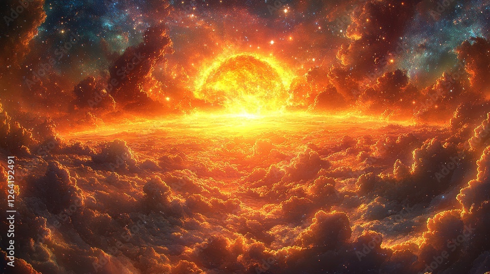 Fototapeta premium Explosive Cosmic Phenomenon of Nebula Formation with Fiery Energy and Luminous Particles Creating an Ethereal Galaxy Scene