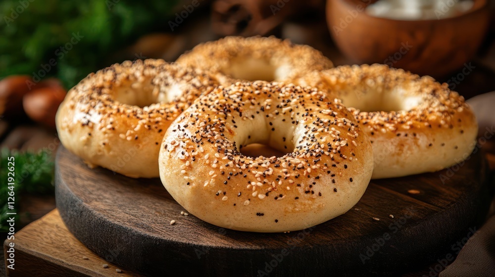 Four bagels on a wooden board with sesame seeds Four bagels on a wooden board with sesame seeds