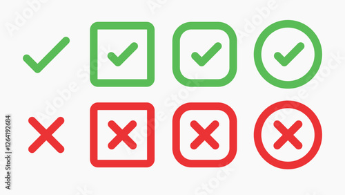 Green check marks and red X symbols in various styles. Check marks and X symbols for approval and rejection. Simple check and X icons for decision-making. Vector element set.