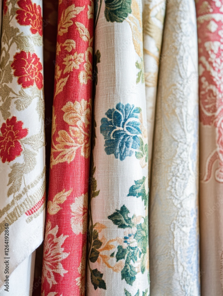Patterns of fabric showcasing floral and geometric designs with blank space for creative text ideas. Generative AI Patterns of fabric showcasing floral and geometric designs with blank space for creative text ideas. Generative AI
