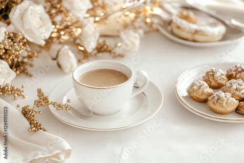 Wallpaper Mural Xícara de café elegante com detalhes dourados, acompanhada de doces e decorações festivas em fundo branco, criada com IA generativa para um visual sofisticado e convidativo Torontodigital.ca