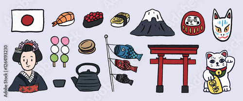 Japanese culture icons: sushi, Mount Fuji, Daruma, torii gate, tea set, geisha, and maneki-neko. Traditional Japanese symbols and motifs. Japan travel illustrations vector set.