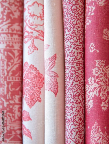 Close up view of beautifully patterned fabrics featuring floral and geometric designs in soft pink shades with space for text. Generative AI