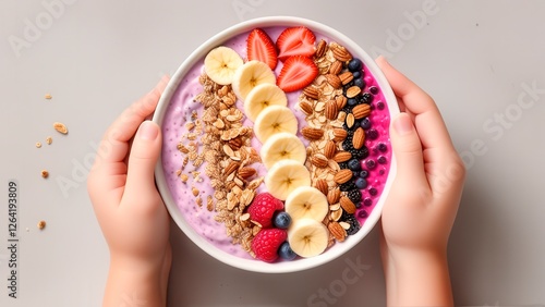 Colorful Fruit Smoothie Bowl Held By Child