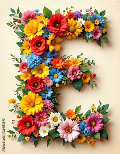 letter, E, floral, flowers, vibrant, colorful, artistic, elegant, design, organic, natural, red, yellow, pink, blue, white, blooms, green, leaves, accents, beige, background, soft, texture, warm, 