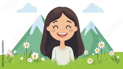 Wallpaper Mural Pixelated Spring Portrait Cheerful Smiling Girl amidst Floral Meadow Serene Mountain Backdrop Tranquil Nature Scene Vector Graphic Torontodigital.ca