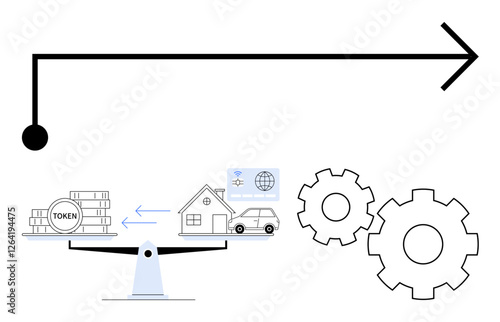 Tokens on a balance scale against house and car images with gears and arrow. Ideal for blockchain, real estate, value exchange, cryptocurrency, tokens, automation, technology concepts. Line metaphor
