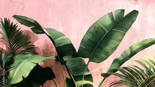 Tropical botanical design displaying exotic plant life and natural aestheticism with palm leaves contrasted against pink wall backdrop