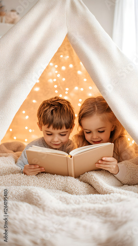 Wallpaper Mural Two siblings reading storybook together in cozy tent, surrounded by warm lights, creating magical atmosphere of joy and imagination Torontodigital.ca