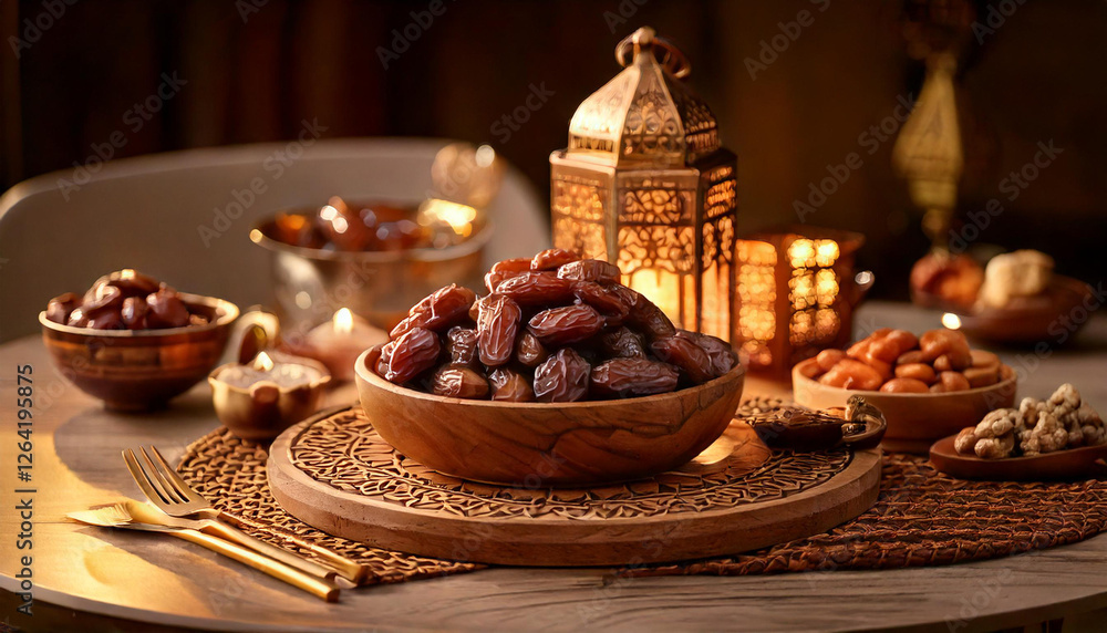 Naklejka premium Beautiful dining table setup with a wide variety of sweet dates ready to eat