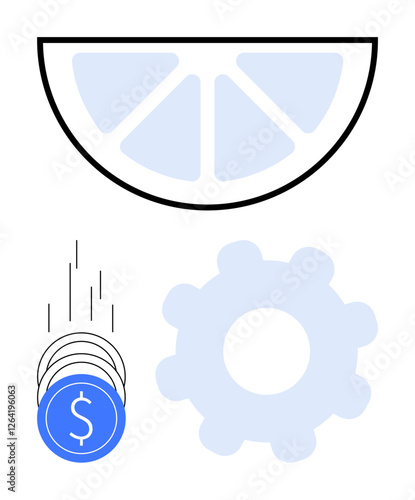 Lemon slice, falling coins with dollar sign, and large gear symbolizing business and financial efficiency. Ideal for finance, investment, business strategy, productivity, growth, economics