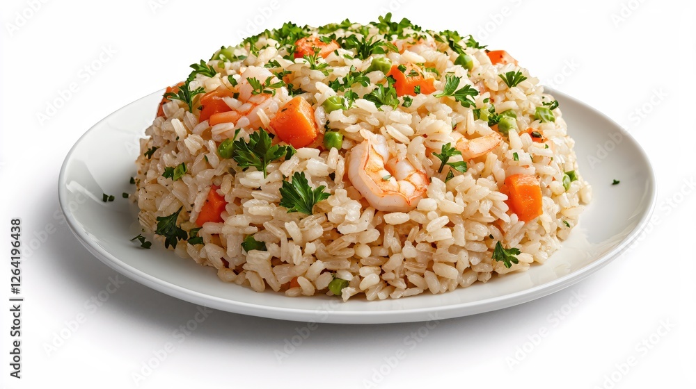 Delicious shrimp fried rice with carrots peas and parsley on a white plate close up Delicious shrimp fried rice with carrots peas and parsley on a white plate close up