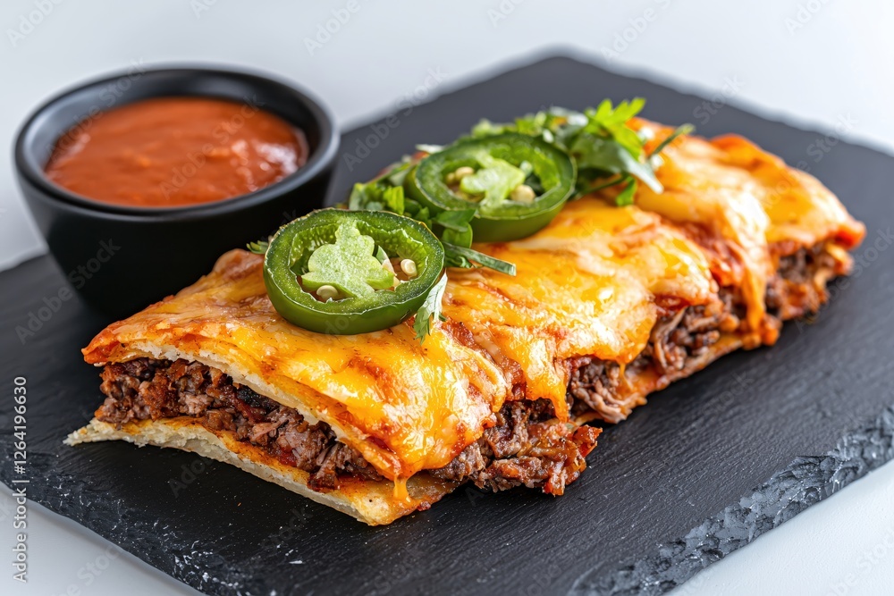 Delicious beef enchilada with melted cheese and spicy jalapenos on a dark plate close up Delicious beef enchilada with melted cheese and spicy jalapenos on a dark plate close up