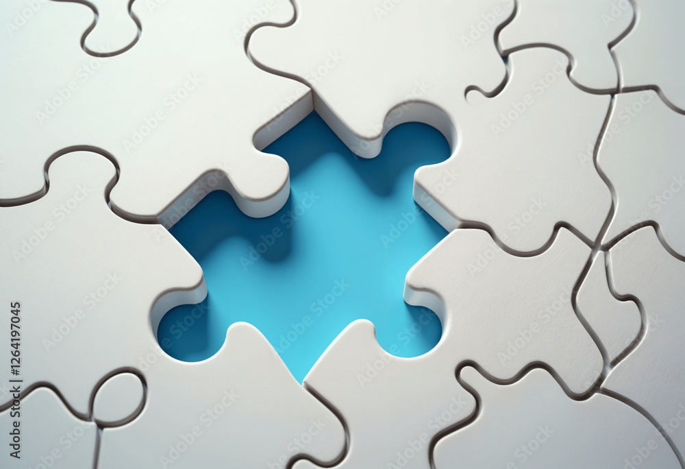 White Jigsaw Puzzle Piece Missing, Blue Background, Problem Solving White Jigsaw Puzzle Piece Missing, Blue Background, Problem Solving