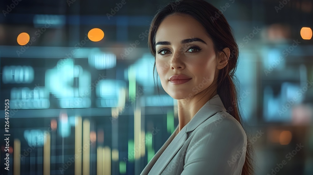 Confident Businesswoman Standing in Front of Rising Financial Charts Confident Businesswoman Standing in Front of Rising Financial Charts