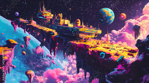 Fototapeta Naklejka Na Ścianę i Meble -  A massive space station orbits above a planet with stars and distant celestial objects creating a futuristic space scene. Cosmic Shipwrecks. Illustration