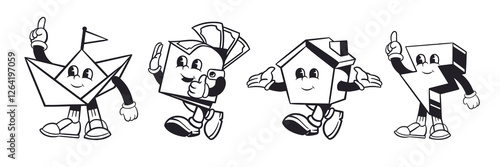 Black and white cartoon characters shaped like a boat, money, house, and arrow. Playful and fun design with happy expressions and energetic poses. Cute cartoon elements, vector set.