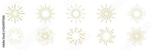 Set of 10 gold starburst designs. Starburst patterns in gold. Elegant gold starburst elements. Perfect for festive gold-themed designs. Festive elements, vector set.