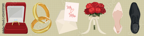 Wedding essentials illustration: rings, bouquet, shoes, and invitation. Rings, bouquet, and shoes symbolize wedding. Invitation and rings, wedding theme. Romantic love illustrations, vector set.