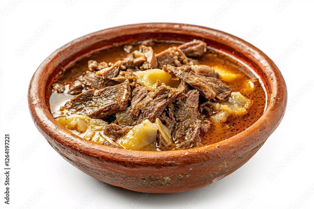 Hearty Beef Stew with Potatoes and Onions Served in Rustic Clay Bowl on White Background Hearty Beef Stew with Potatoes and Onions Served in Rustic Clay Bowl on White Background