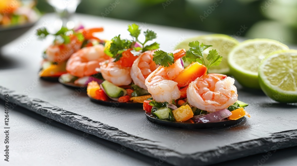 Delicious Shrimp Ceviche with Fresh Limes and Cilantro on a Dark Slate Plate Cuisine Delicious Shrimp Ceviche with Fresh Limes and Cilantro on a Dark Slate Plate Cuisine