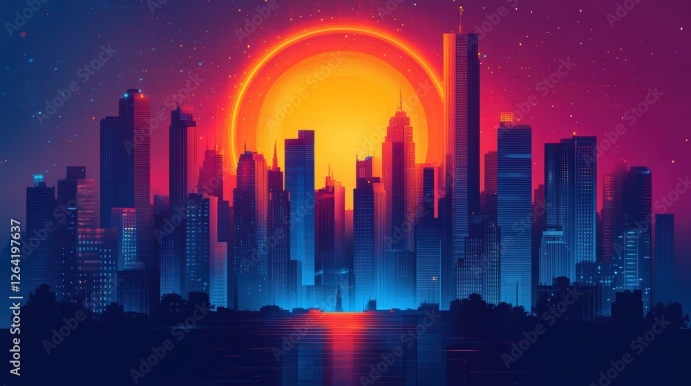 Futuristic Cityscape 2025 Skyline Neon Lights Circular Skyscraper Night Scene Futuristic Cityscape 2025 Skyline Neon Lights Circular Skyscraper Night Scene