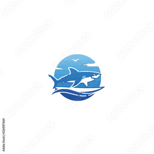 Blue Shark Logo Vector Featuring Ocean Scene with Waves and Birds