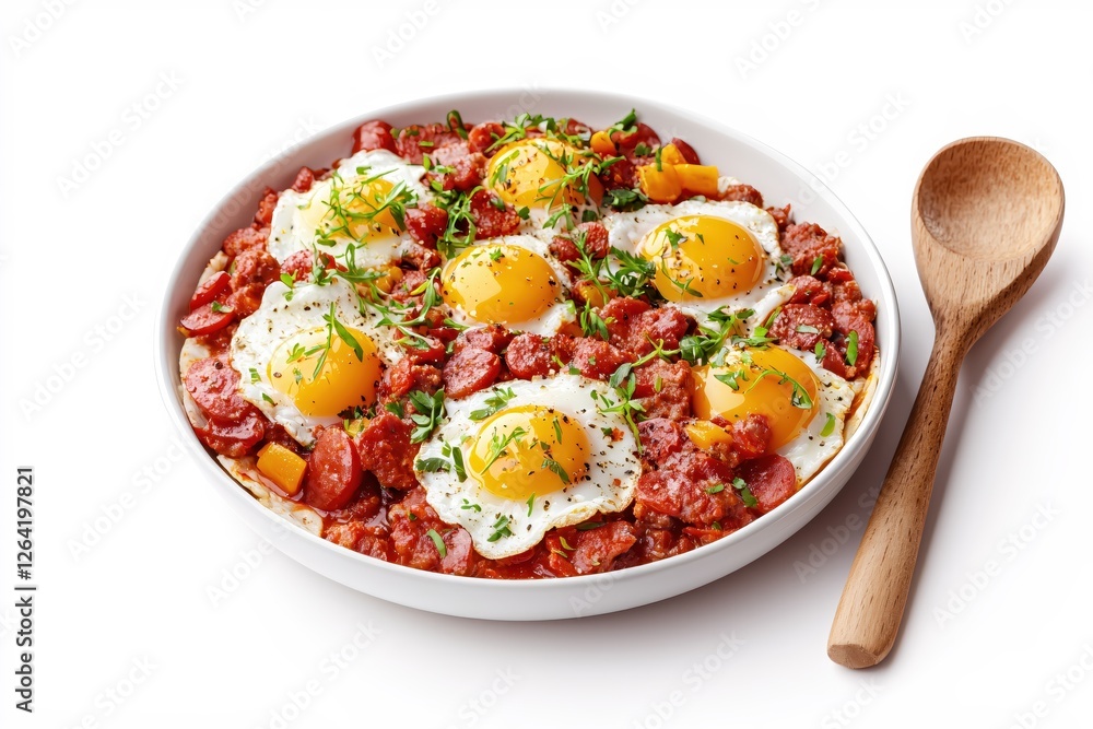 Delicious chorizo and eggs dish served in a white bowl with a wooden spoon on the side Delicious chorizo and eggs dish served in a white bowl with a wooden spoon on the side