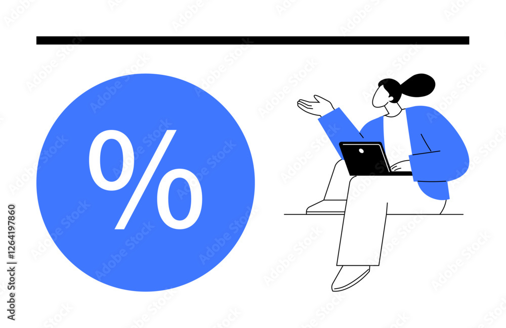 Businesswoman with laptop gesturing towards large blue circle with percentage symbol. Ideal for finance, business analysis, data interpretation, presentations, online learning, marketing strategies Businesswoman with laptop gesturing towards large blue circle with percentage symbol. Ideal for finance, business analysis, data interpretation, presentations, online learning, marketing strategies