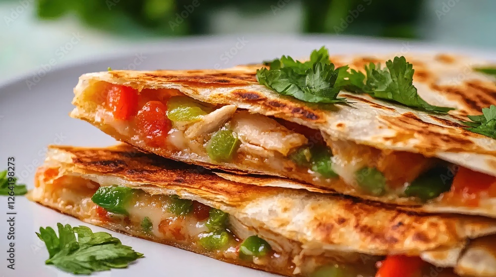 Delicious Chicken Quesadilla with Fresh Vegetables and Cilantro on a White Plate Close Up Delicious Chicken Quesadilla with Fresh Vegetables and Cilantro on a White Plate Close Up