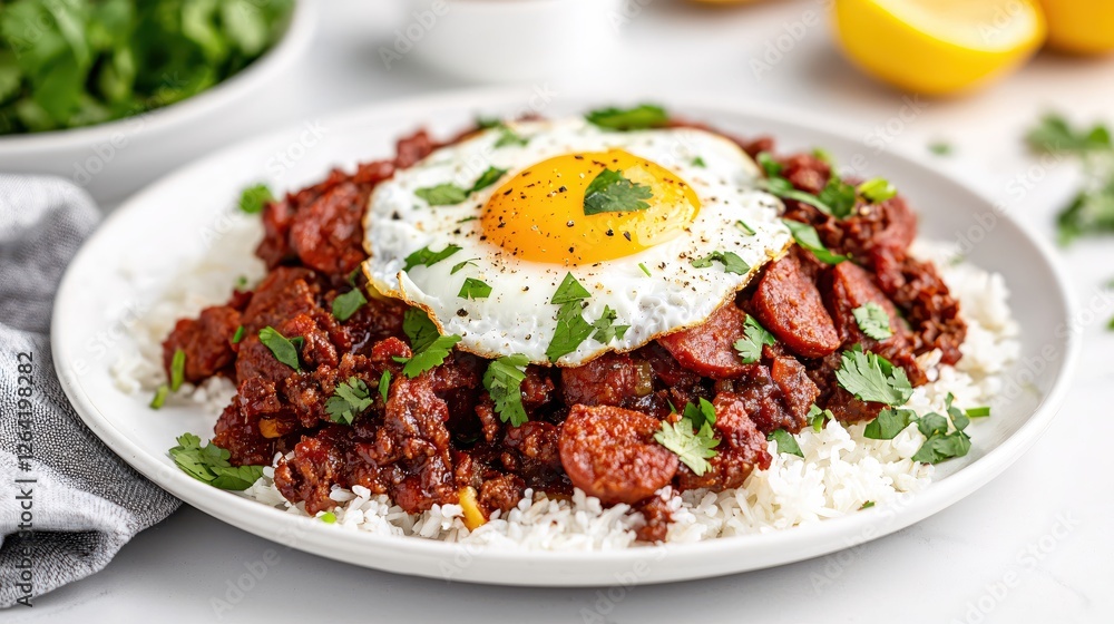 Delicious chorizo and ground beef with fried egg on rice a culinary delight and tasty meal Delicious chorizo and ground beef with fried egg on rice a culinary delight and tasty meal